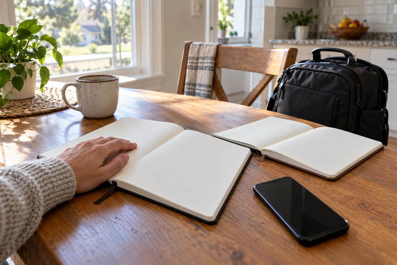 Two blank notebooks and a phone on a kitchen table with a hand resting beside the pages