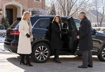 Three adults in winter coats beside an SUV at a brick suburban home