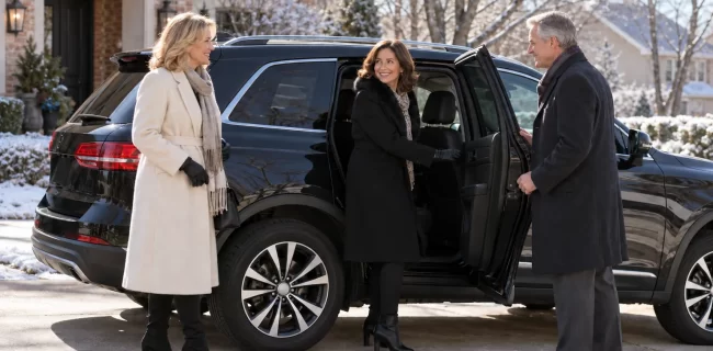 Three adults in winter coats beside an SUV at a brick suburban home
