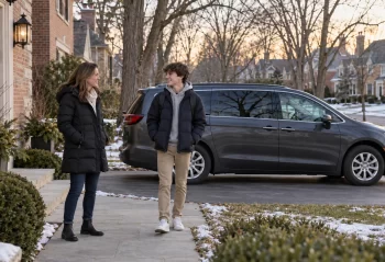 Parent and teenager in coats outside a suburban home near a dark passenger van