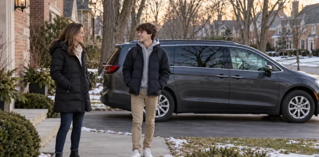 Parent and teenager in coats outside a suburban home near a dark passenger van