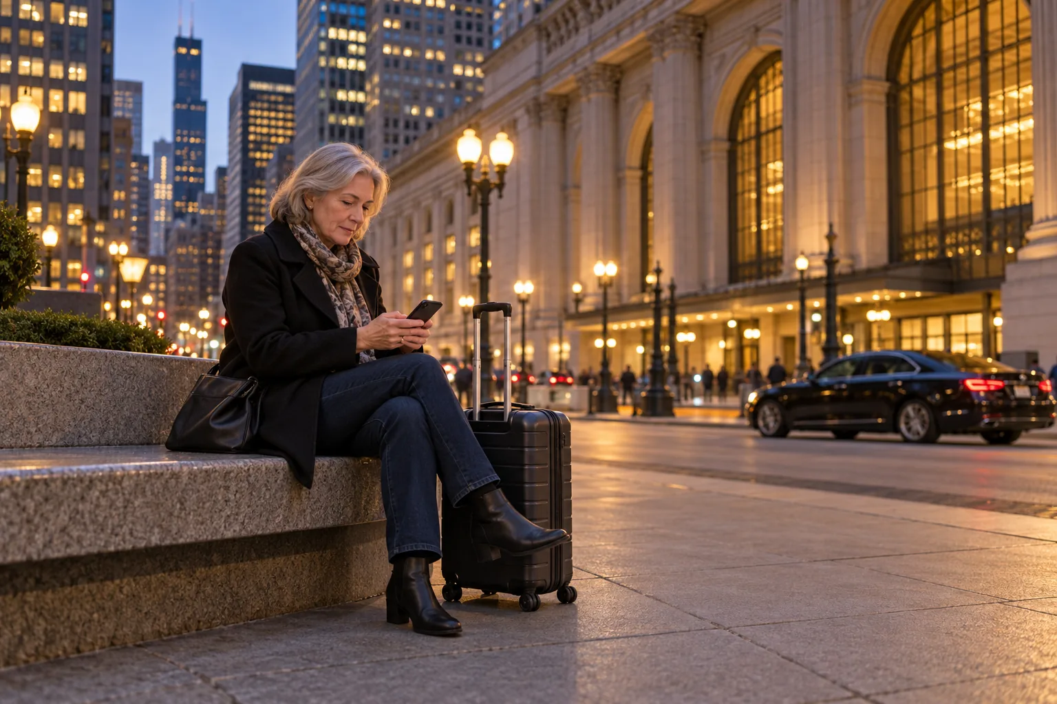Older traveler checking a phone beside a suitcase on a bench near an illustrative Chicago station