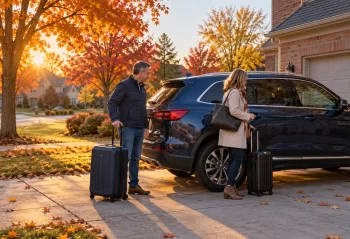 Two adults with travel cases beside a blue SUV on an autumn suburban driveway