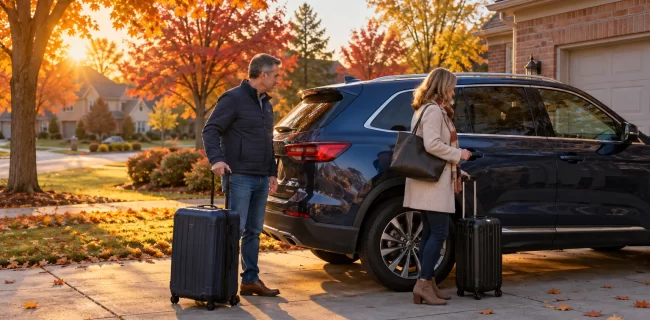 Two adults with travel cases beside a blue SUV on an autumn suburban driveway
