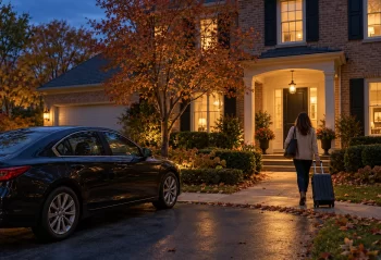 One traveler pulling a suitcase toward a brick home at dusk with a sedan in the driveway