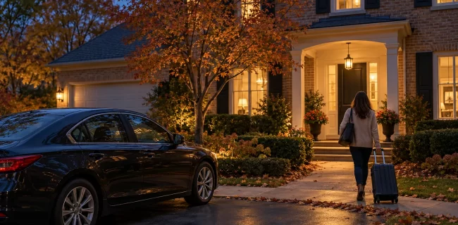 One traveler pulling a suitcase toward a brick home at dusk with a sedan in the driveway