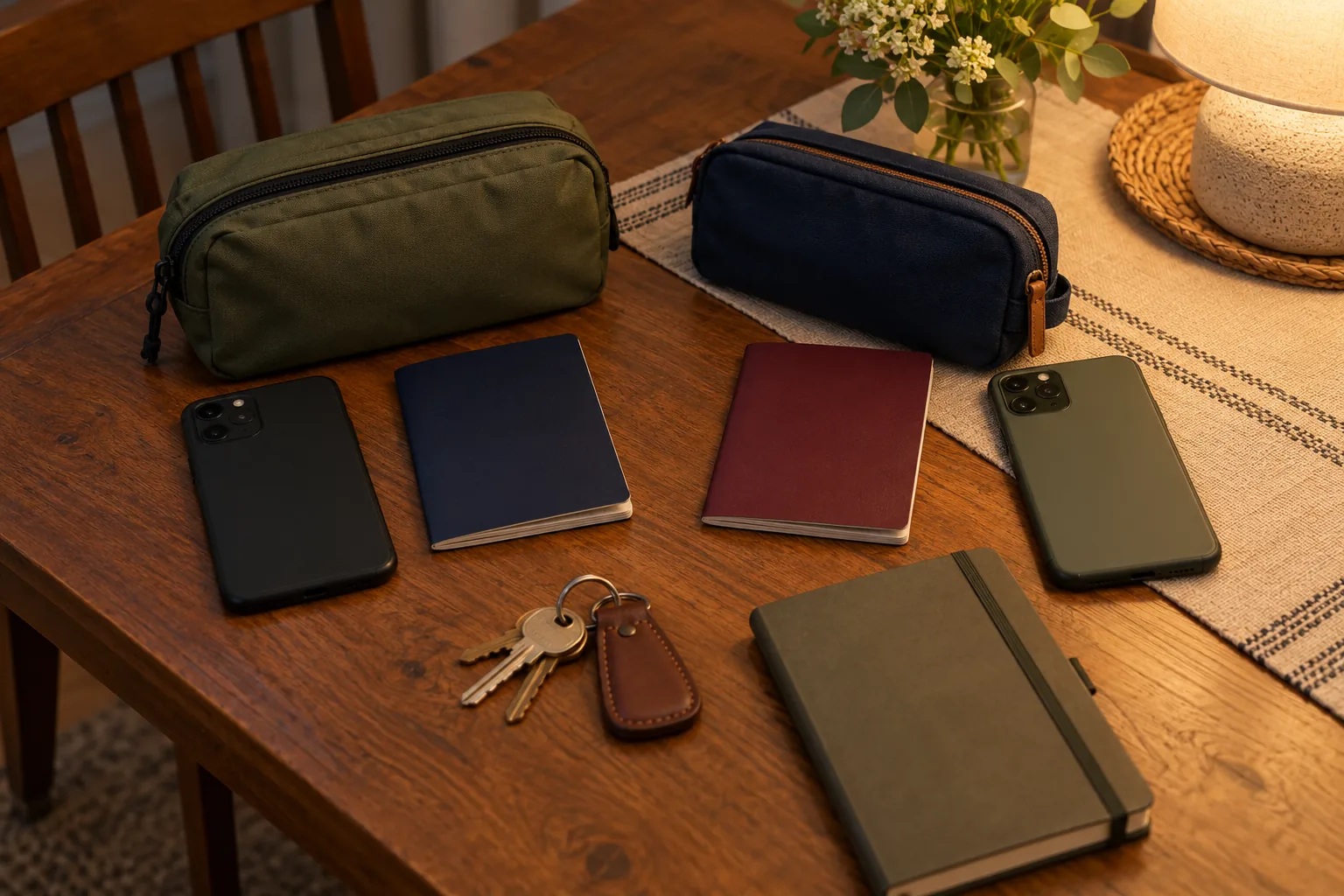 Two blank travel document covers, two face-down phones, travel pouches, keys and a notebook on a table