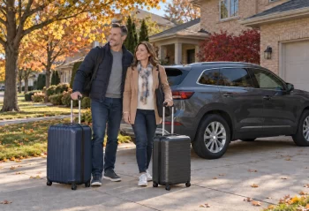 Two adults with rolling suitcases beside an SUV in an autumn suburban driveway