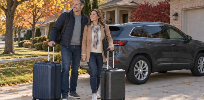 Two adults with rolling suitcases beside an SUV in an autumn suburban driveway