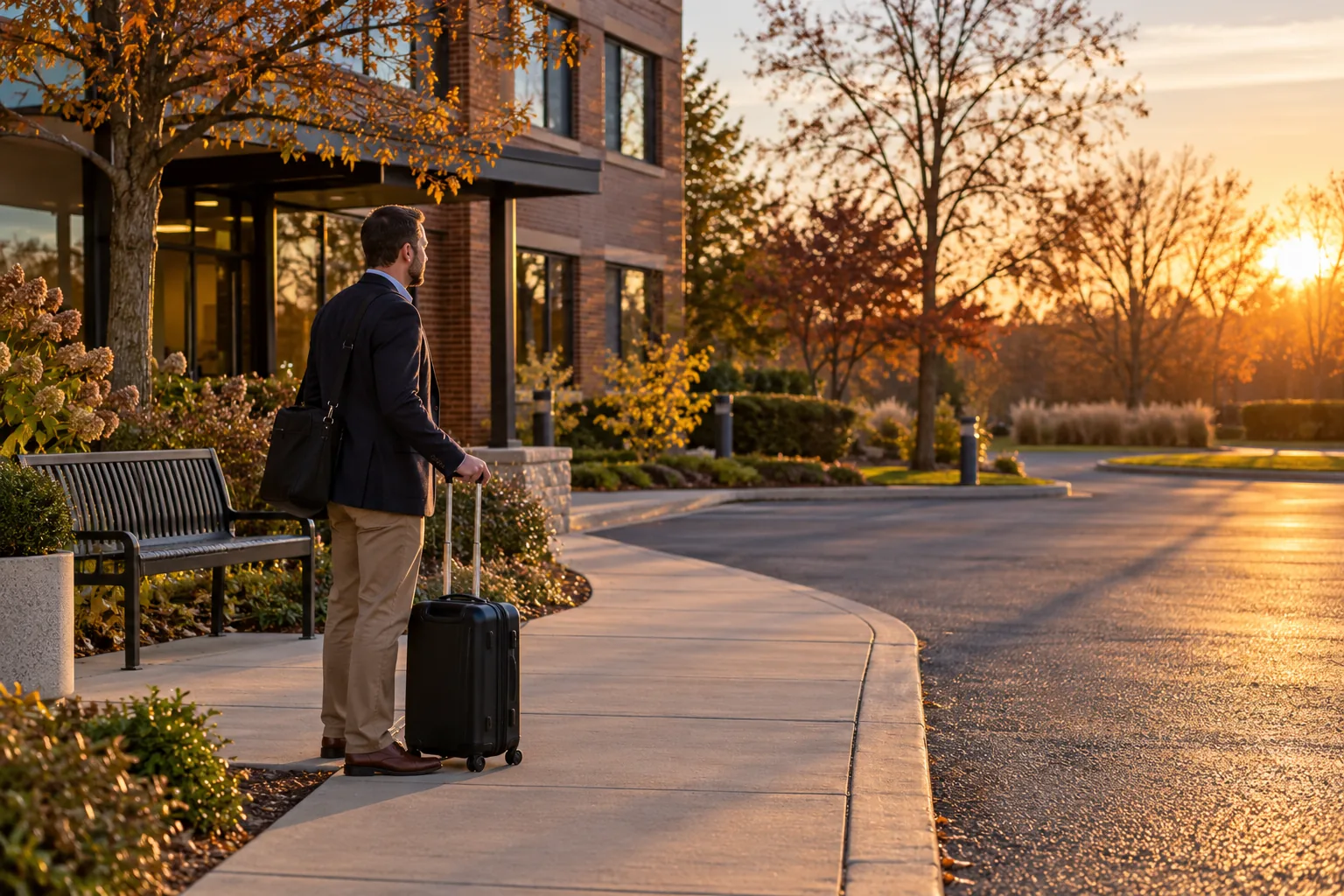 Business traveler with shoulder bag and rolling case outside a low-rise brick office at sunset