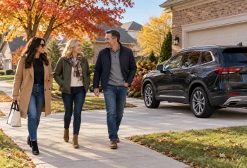 Three friends beside a dark SUV outside a brick suburban home with autumn trees