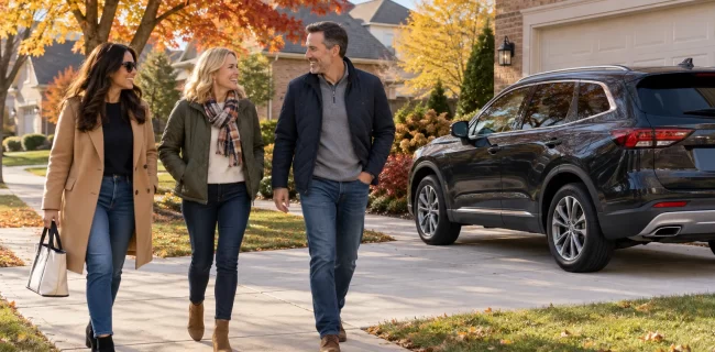 Three friends beside a dark SUV outside a brick suburban home with autumn trees