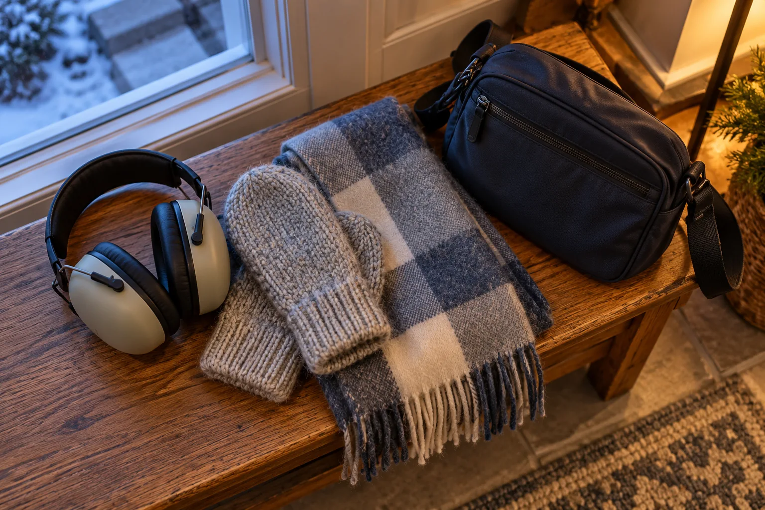 Ear defenders, mittens, scarf and a small day bag arranged on a hall bench