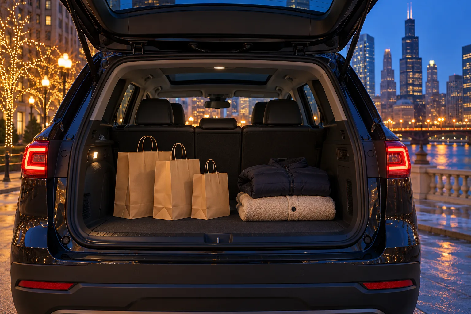 Three plain shopping bags and folded coats in an open SUV cargo area with Chicago towers beyond