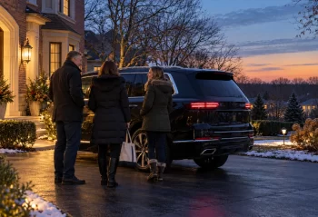 Three adults in coats beside a dark SUV outside a suburban brick home at dawn