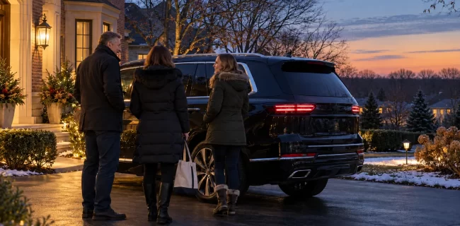 Three adults in coats beside a dark SUV outside a suburban brick home at dawn