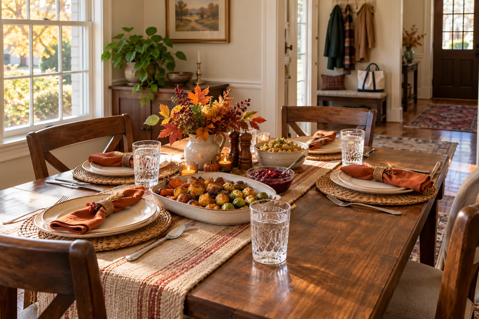 Four place settings and autumn dishes on a dining table with coats and a tote in the hallway