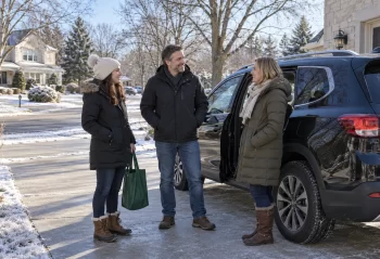 Three adults in winter coats gathered beside an SUV at a suburban home
