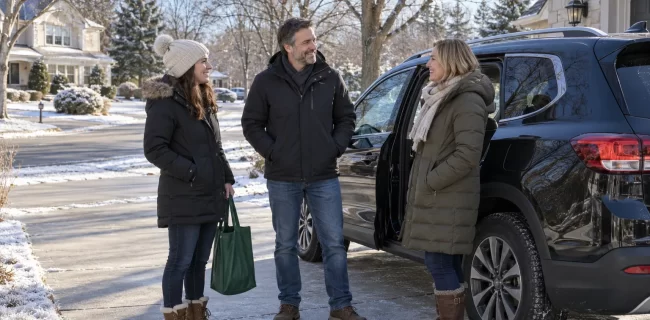 Three adults in winter coats gathered beside an SUV at a suburban home